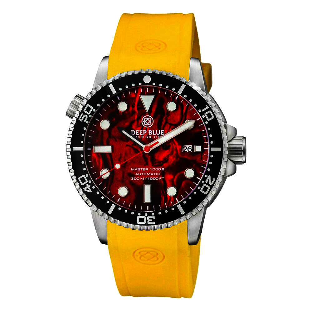 Deep Blue Master 1000 II 44mm Automatic Diver Watch Black Ceramic Bezel/Red Abalone Dial/Yellow Silicone Band