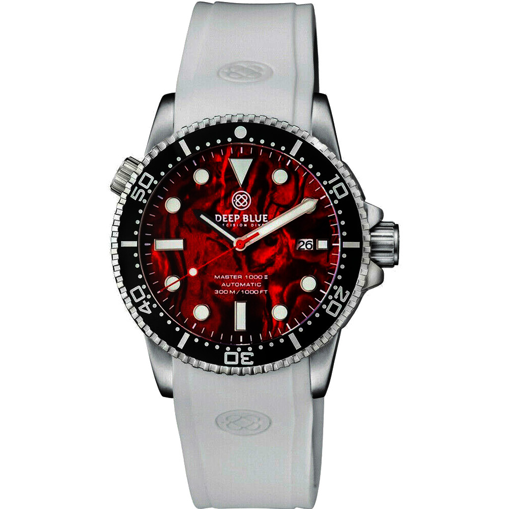 Deep Blue Master 1000 II 44mm Automatic Diver Watch Black Ceramic Bezel/Red Abalone Dial/White Silicone Band
