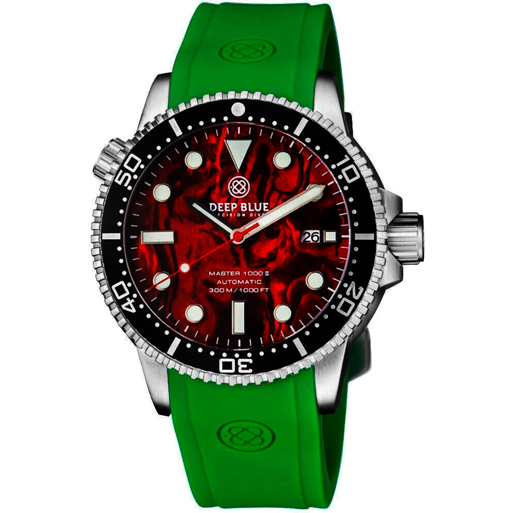 Deep Blue Master 1000 II 44mm Automatic Diver Watch Black Ceramic Bezel/Red Abalone Dial/Green Silicone Band