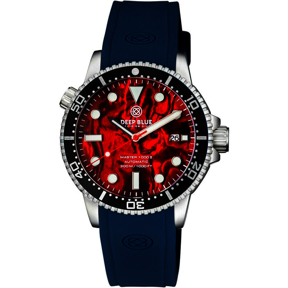 Deep Blue Master 1000 II 44mm Automatic Diver Watch Black Ceramic Bezel/Red Abalone Dial/Blue Silicone Band
