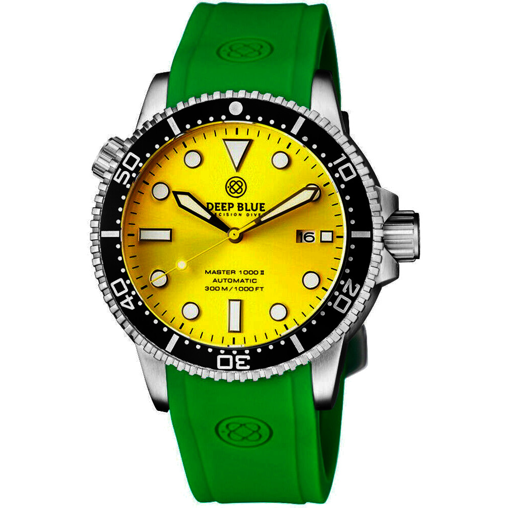 Deep Blue Master 1000 II 44mm Automatic Diver Watch Black Ceramic Bezel/Yellow Dial/Green Silicone Band