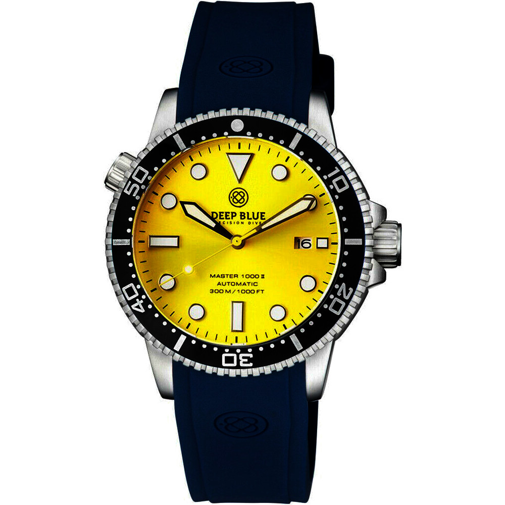 Deep Blue Master 1000 II 44mm Automatic Diver Watch Black Ceramic Bezel/Yellow Dial/Blue Silicone Band