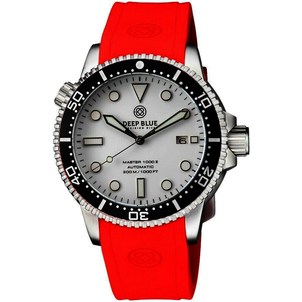 Deep Blue Master 1000 II 44mm Automatic Diver Watch Black Ceramic Bezel/White Dial/Red Silicone Band