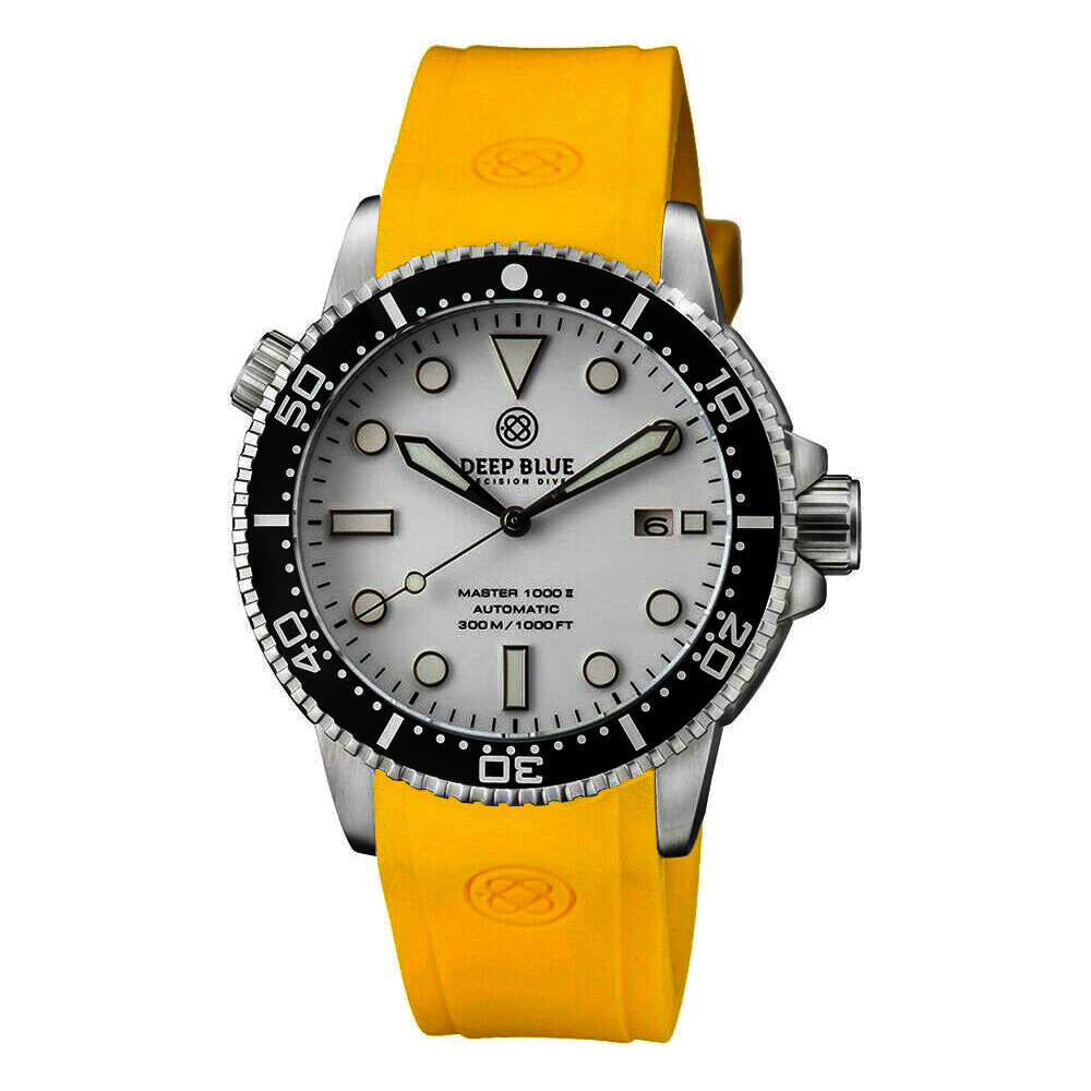 Deep Blue Master 1000 II 44mm Automatic Diver Watch Black Ceramic Bezel/White Dial/Yellow Silicone Band