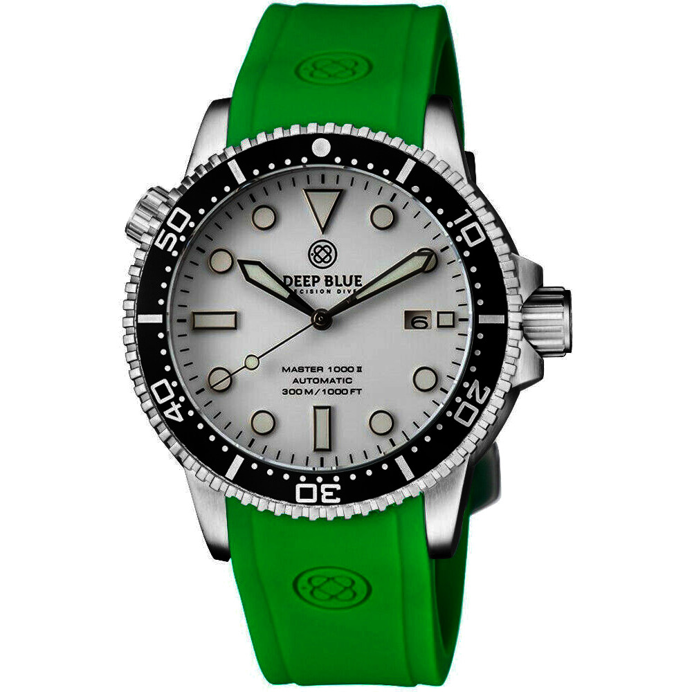 Deep Blue Master 1000 II 44mm Automatic Diver Watch Black Ceramic Bezel/White Dial/Green Silicone Band