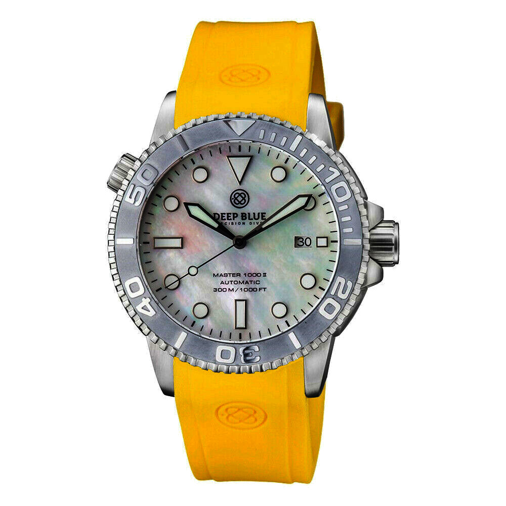 Deep Blue Master 1000 II 44mm Automatic Diver Watch Gray Ceramic Bezel/White Pearl Dial/Yellow Silicone Band