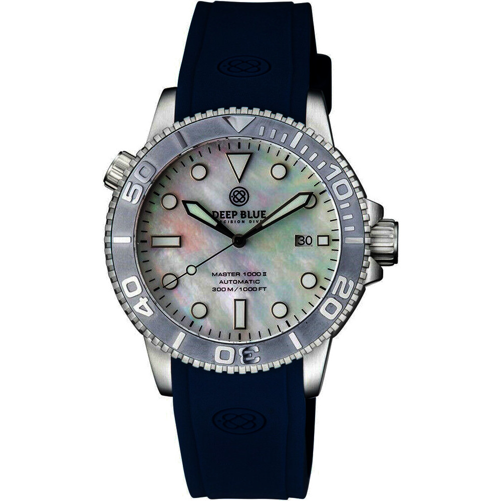 Deep Blue Master 1000 II 44mm Automatic Diver Watch Gray Ceramic Bezel/White Pearl Dial/Blue Silicone Band