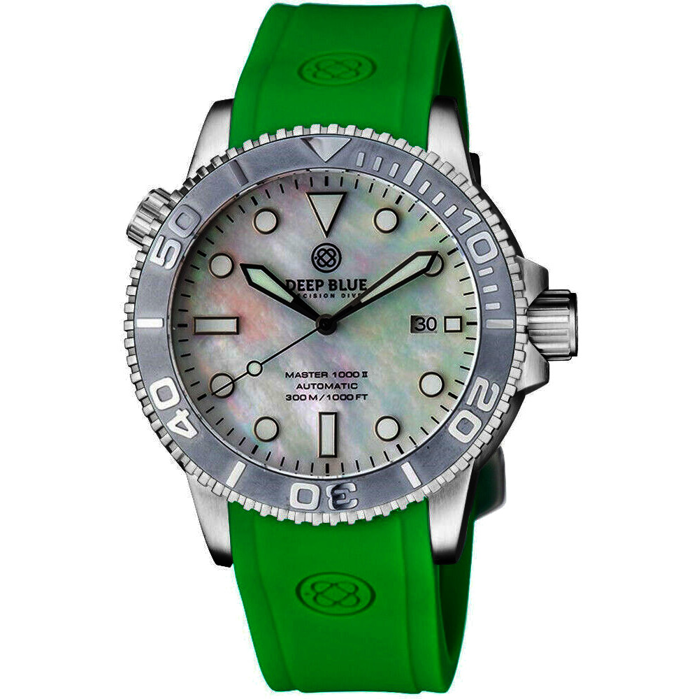 Deep Blue Master 1000 II 44mm Automatic Diver Watch Gray Ceramic Bezel/White Pearl Dial/Green Silicone Band