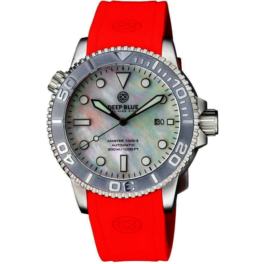 Deep Blue Master 1000 II 44mm Automatic Diver Watch Gray Ceramic Bezel/White Pearl Dial/Red Silicone Band