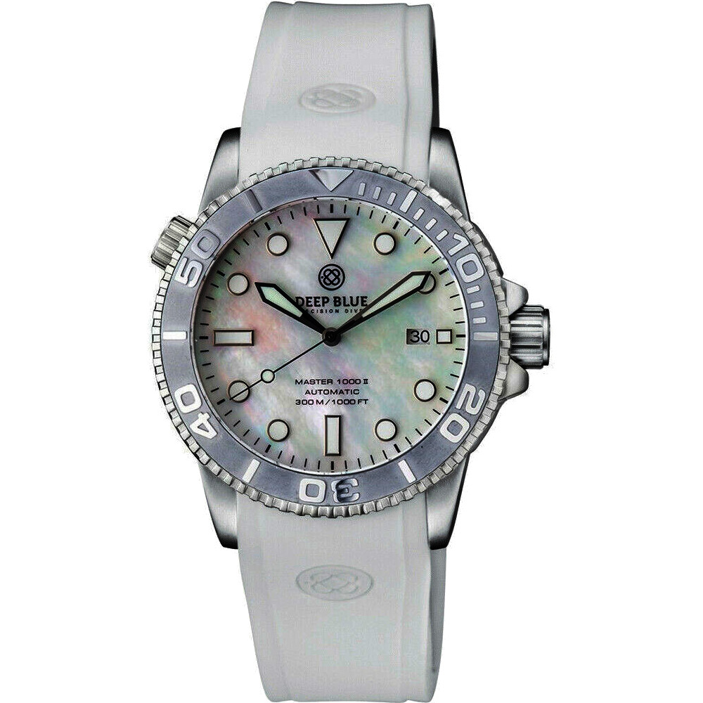 Deep Blue Master 1000 II 44mm Automatic Diver Watch Gray Ceramic Bezel/White Pearl Dial/White Silicone Band