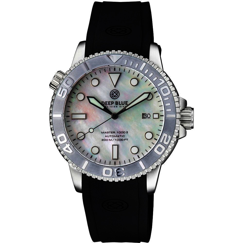 Deep Blue Master 1000 II 44mm Automatic Diver Watch Gray Ceramic Bezel/White Pearl Dial/Black Silicone Band