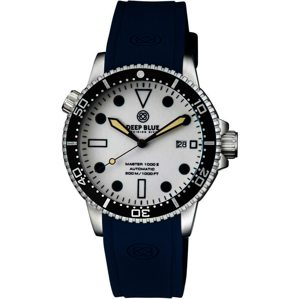 Deep Blue Master 1000 II 44mm Automatic Diver Watch Black Ceramic Bezel/White Dial/Blue Silicone Band