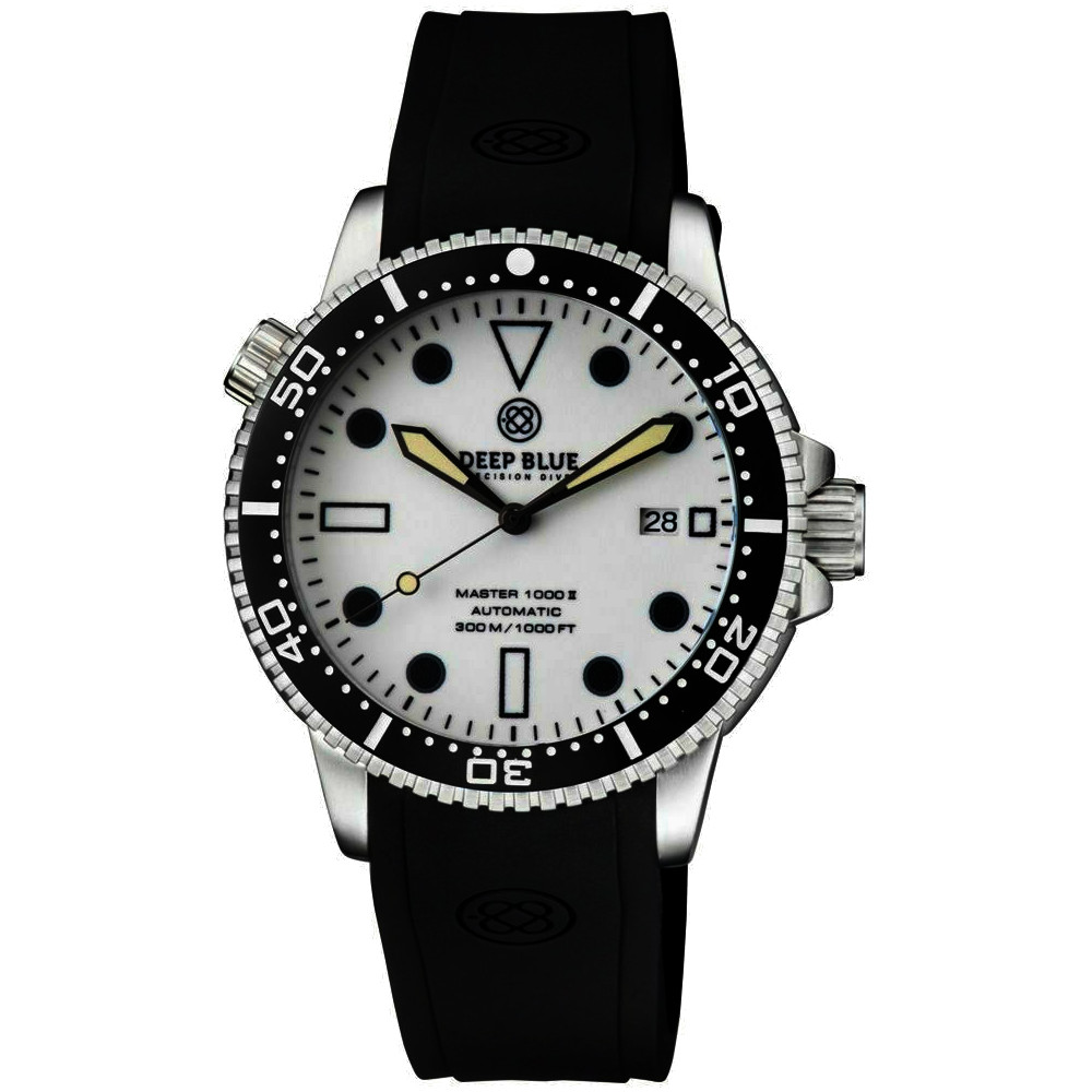 Deep Blue Master 1000 II 44mm Automatic Diver Watch Black Ceramic Bezel/White Dial/Black Silicone Band