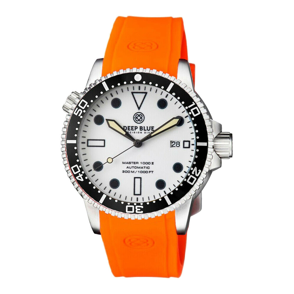 Deep Blue Master 1000 II 44mm Automatic Diver Watch Black Ceramic Bezel/White Dial/Orange Silicone Band