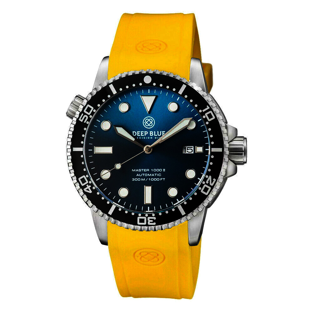 Deep Blue Master 1000 II 44mm Automatic Diver Watch Black Ceramic Bezel/Sunray Teal Blue Dial/Yellow Silicone Band