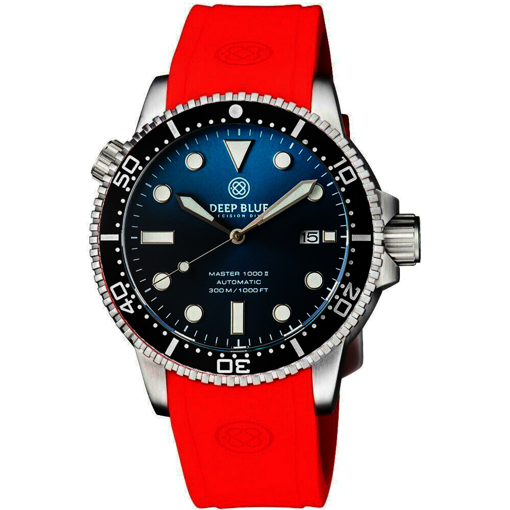 Deep Blue Master 1000 II 44mm Automatic Diver Watch Black Ceramic Bezel/Sunray Teal Blue Dial/Red Silicone Band