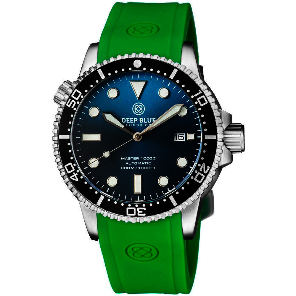 Deep Blue Master 1000 II 44mm Automatic Diver Watch Black Ceramic Bezel/Sunray Teal Blue Dial/Green Silicone Band