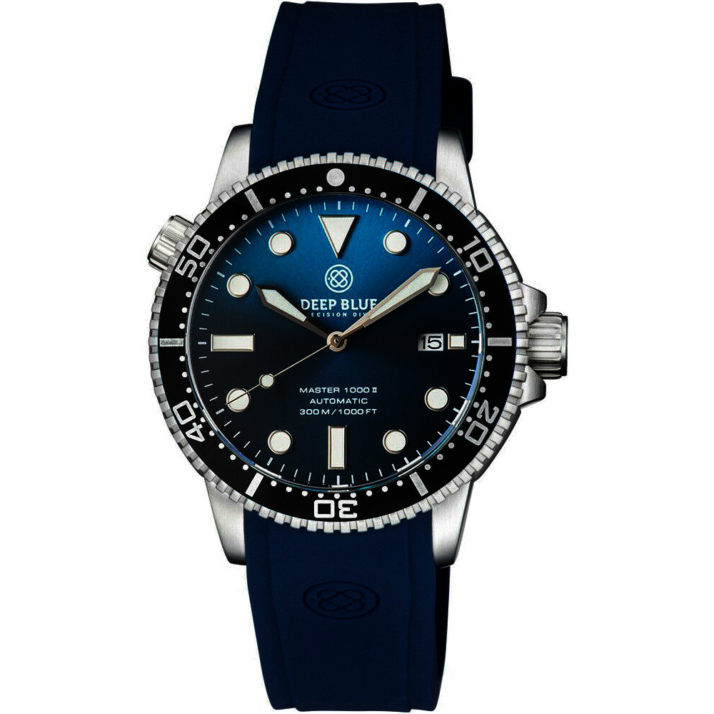 Deep Blue Master 1000 II 44mm Automatic Diver Watch Black Ceramic Bezel/Sunray Teal Blue Dial/Blue Silicone Band