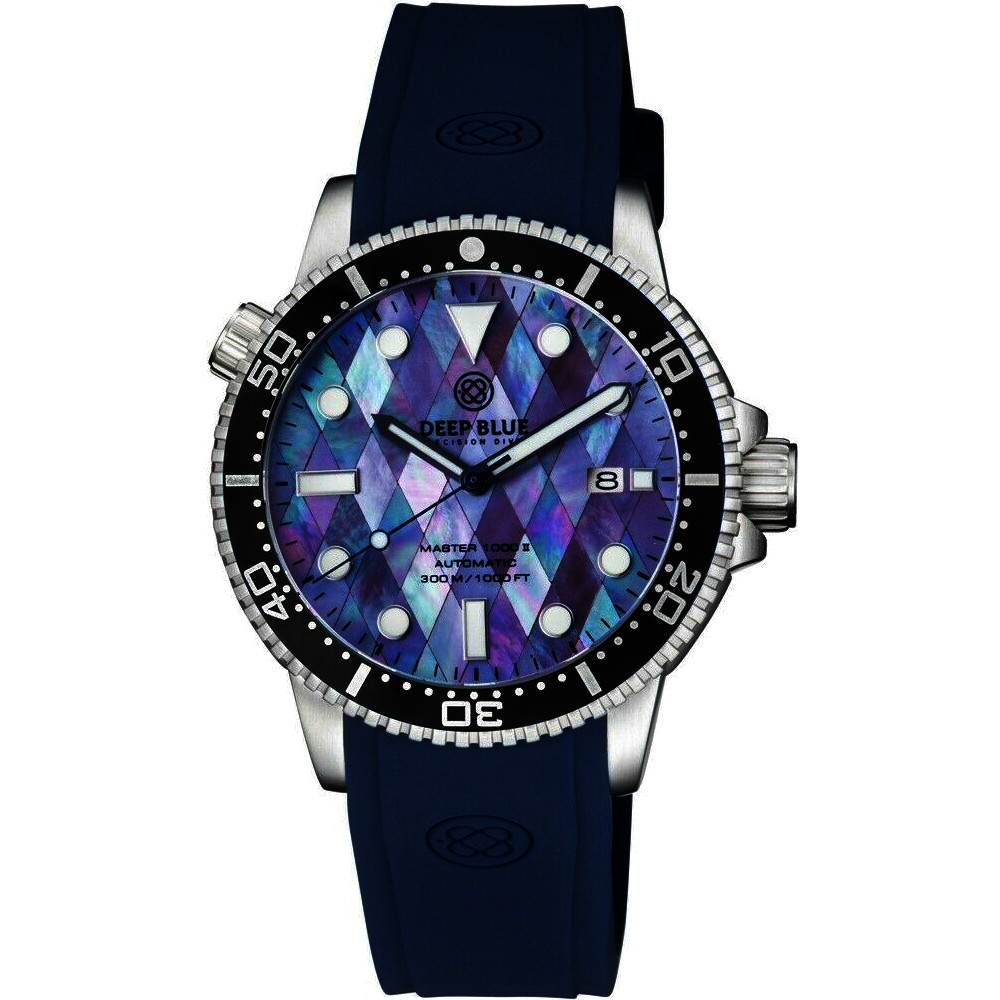 Deep Blue Master 1000 II 44mm Automatic Diver Watch Black Ceramic Bezel/Diamond Mother of Pearl Dial/Blue Silicone Band