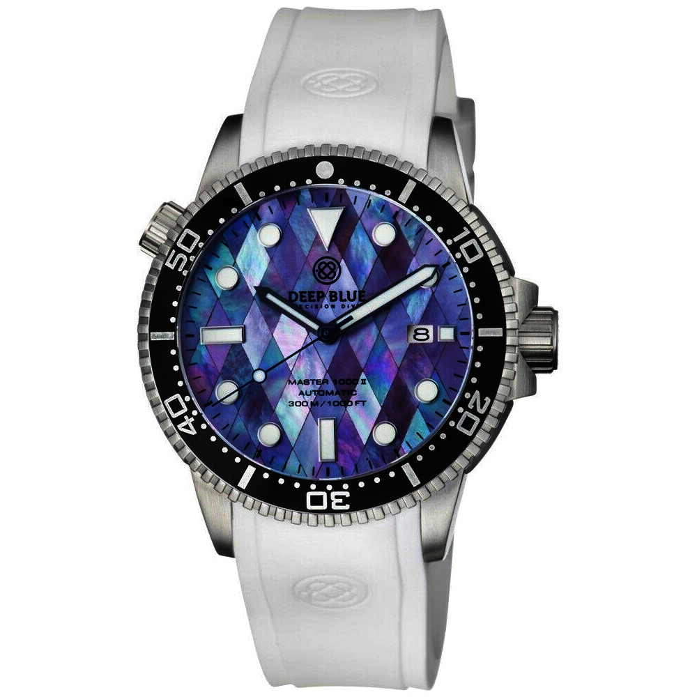 Deep Blue Master 1000 II 44mm Automatic Diver Watch Black Ceramic Bezel/Diamond Mother of Pearl Dial/White Silicone Band