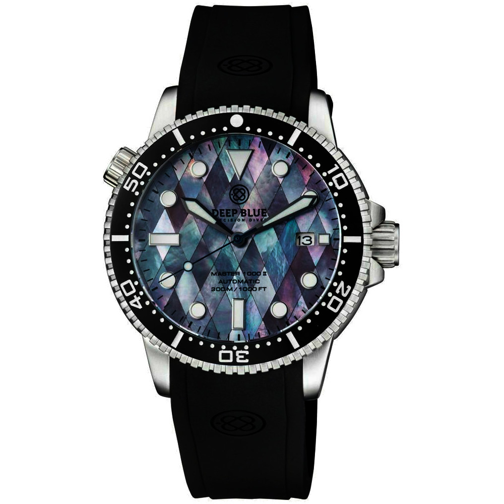 Deep Blue Master 1000 II 44mm Automatic Diver Watch Black Ceramic Bezel/Diamond Mother of Pearl Dial/Black Silicone Band