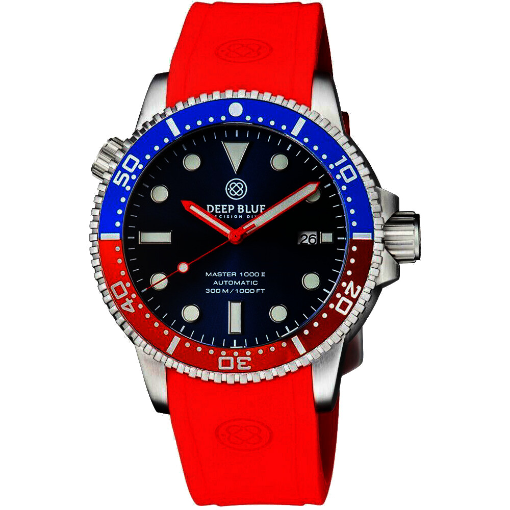 Deep Blue Master 1000 II 44mm Automatic Diver Watch Blue-Red Bezel/Dark-Blue Dial/Red Silicone Band
