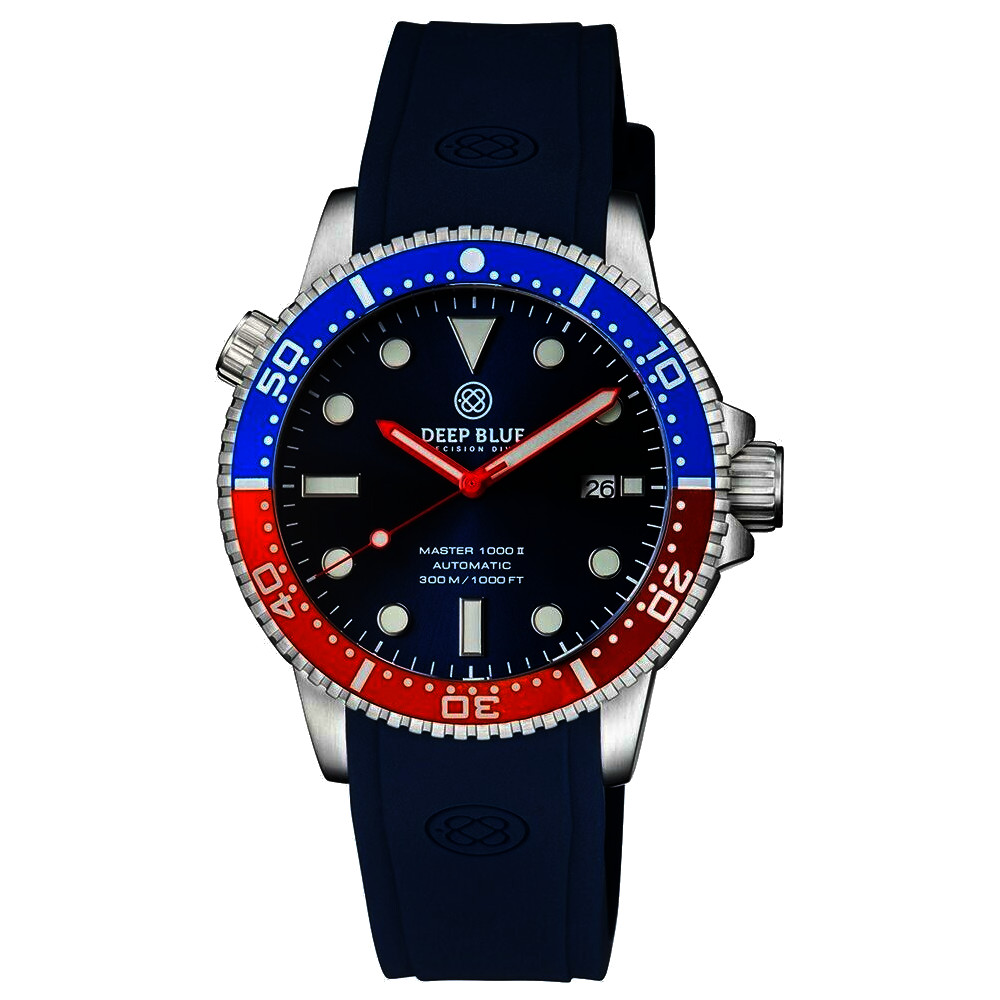 Deep Blue Master 1000 II 44mm Automatic Diver Watch Blue-Red Bezel/Dark-Blue Dial/Blue Silicone Band