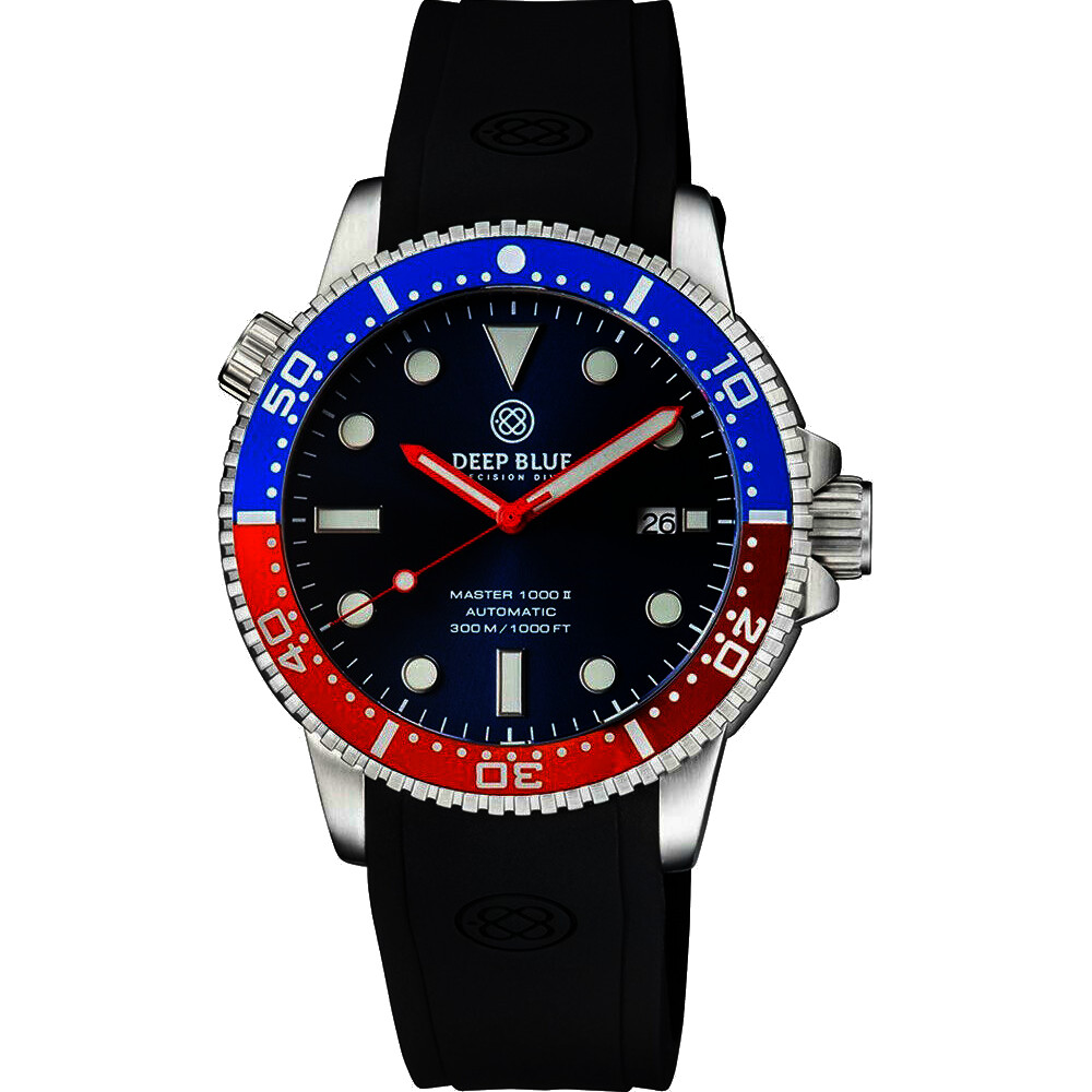 Deep Blue Master 1000 II 44mm Automatic Diver Watch Blue-Red Bezel/Dark-Blue Dial/Black Silicone Band