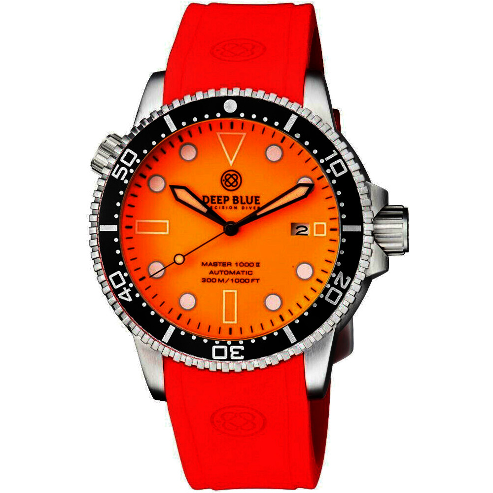 Deep Blue Master 1000 II 44mm Automatic Diver Watch Black Ceramic Bezel/Full Luminous Orange Dial/Red Silicone Band