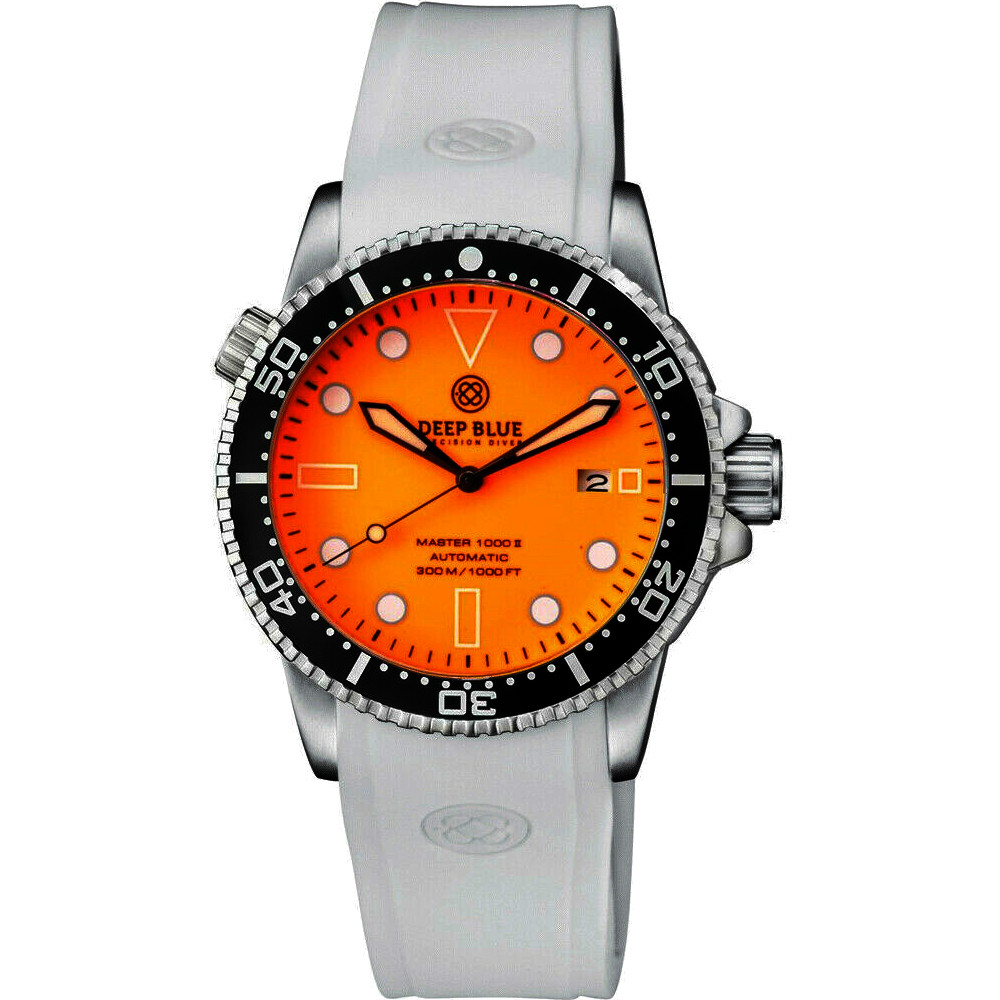 Deep Blue Master 1000 II 44mm Automatic Diver Watch Black Ceramic Bezel/Full Luminous Orange Dial/White Silicone Band