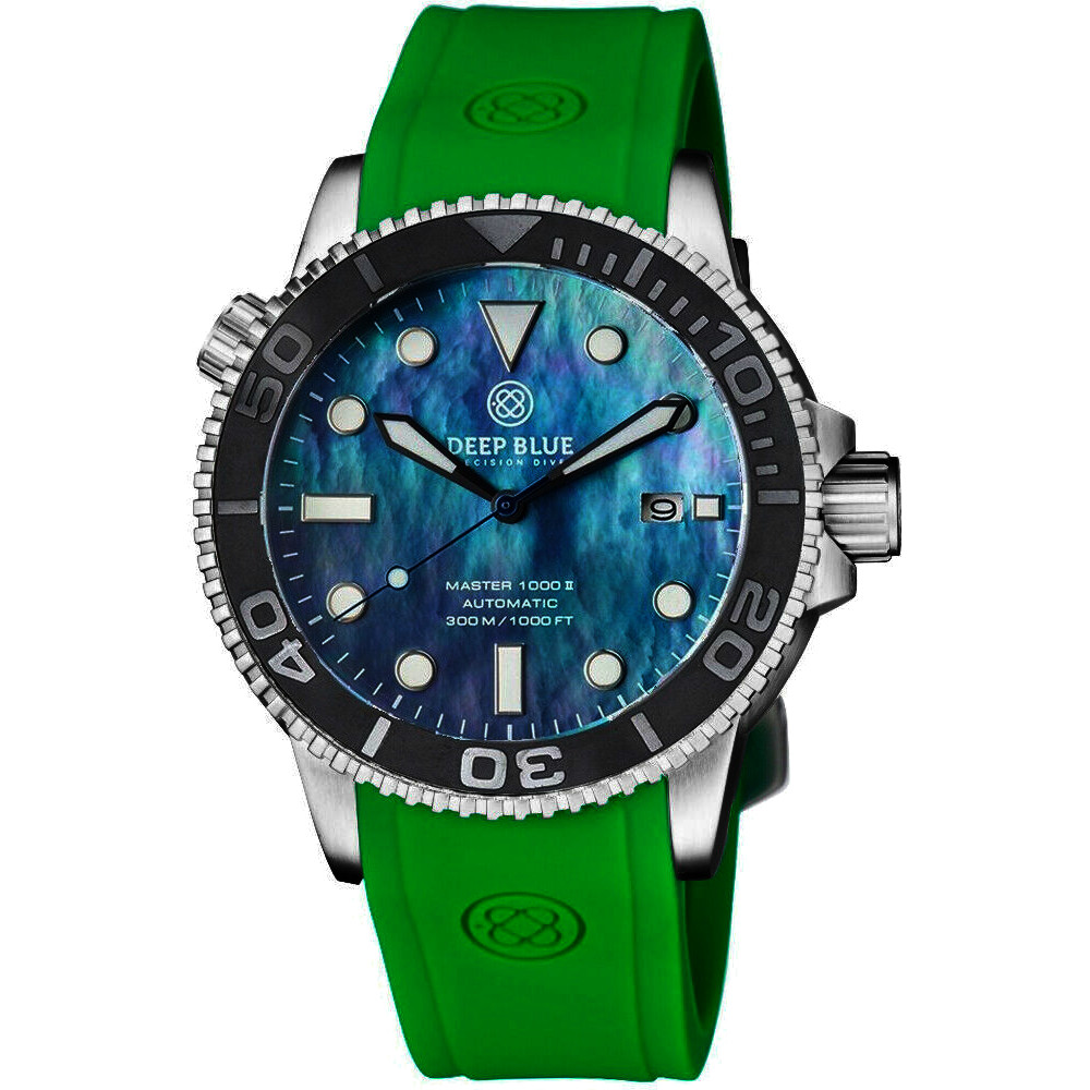 Deep Blue Master 1000 II 44mm Automatic Diver Watch Gray Bezel/Platinum Mother of Pearl Dial/Green Silicone Band