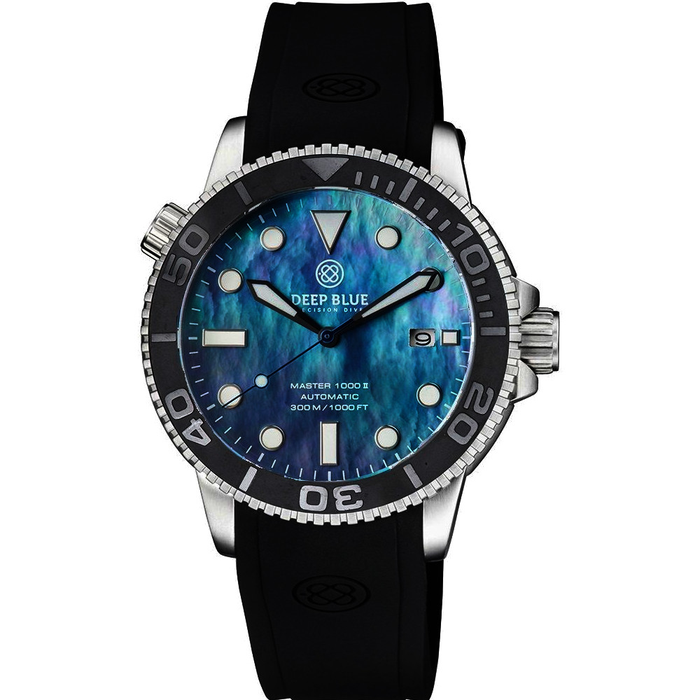 Deep Blue Master 1000 II 44mm Automatic Diver Watch Gray Bezel/Platinum Mother of Pearl Dial/Black Silicone Band