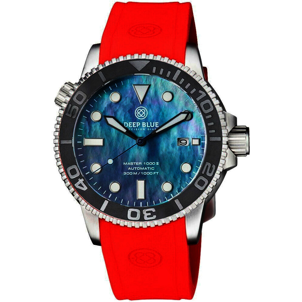 Deep Blue Master 1000 II 44mm Automatic Diver Watch Gray Bezel/Platinum Mother of Pearl Dial/Red Silicone Band