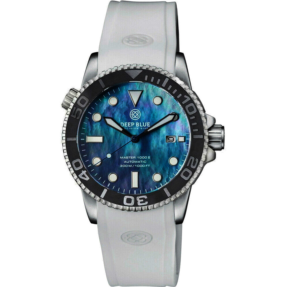 Deep Blue Master 1000 II 44mm Automatic Diver Watch Gray Bezel/Platinum Mother of Pearl Dial/White Silicone Band