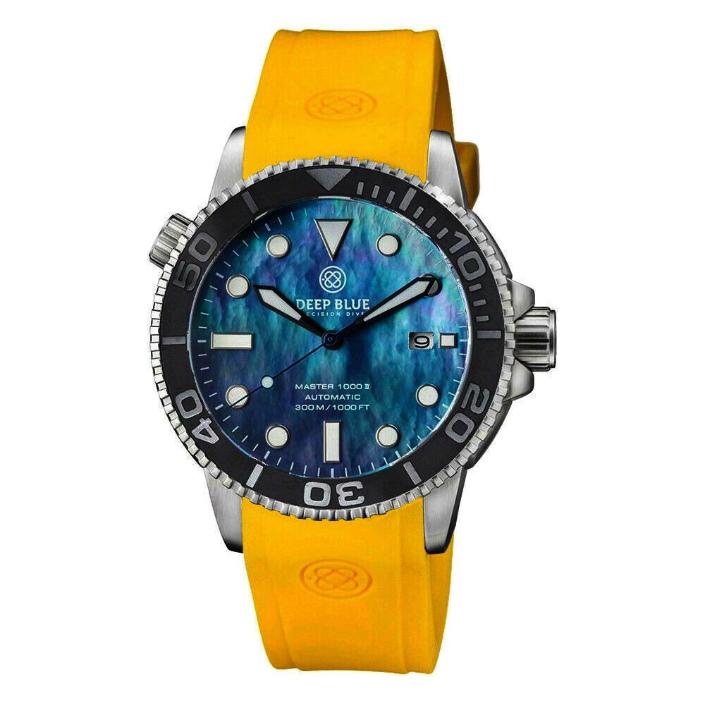 Deep Blue Master 1000 II 44mm Automatic Diver Watch Gray Bezel/Platinum Mother of Pearl Dial/Yellow Silicone Band