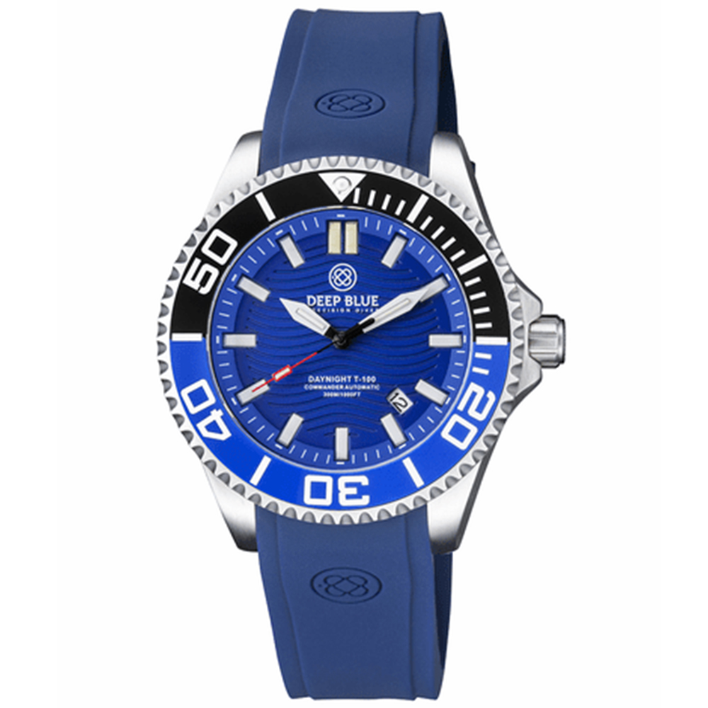 Deep Blue DayNight T-100 Commander Automatic Men's Diver Watch Black-Blue Bezel/Blue Dial
