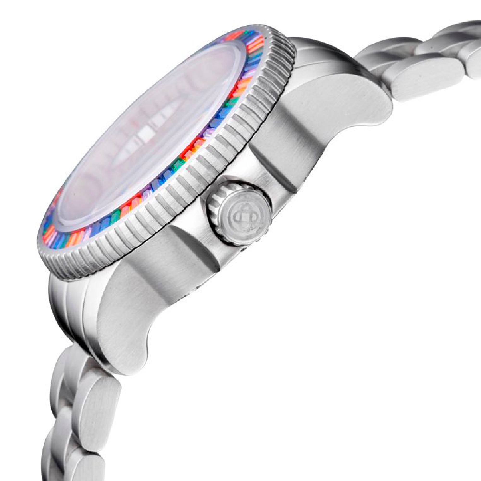 Deep Blue "Lizzy Blue" Swiss Movement Ladies Diver Watch Rainbow Crystal Bezel/Mother of Pearl Dial