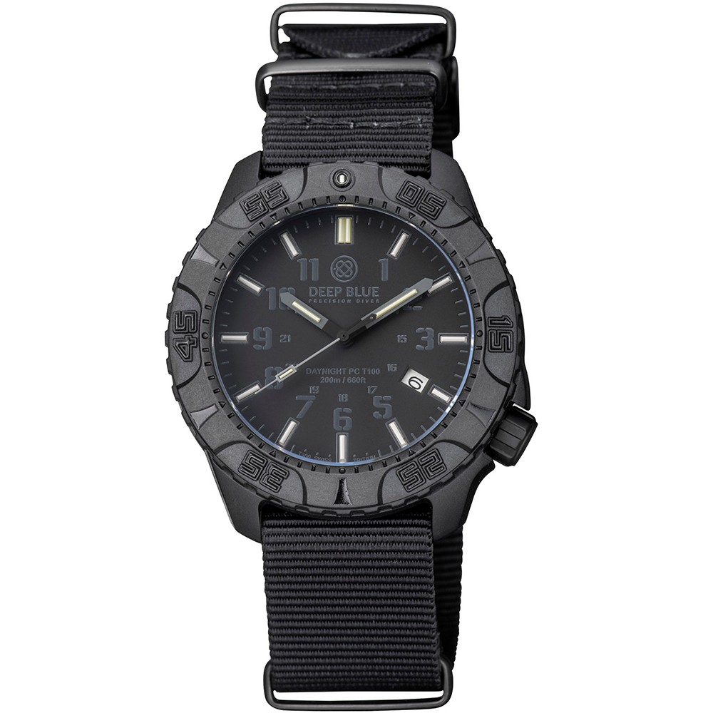 Deep Blue DayNight Poly Carbon Diver 45mm Automatic Watch Black Stealth Bezel Dial