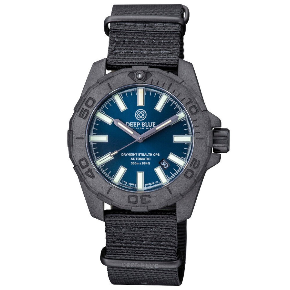 Deep Blue DayNight Stealth Ops Black Carbon Case Diver Automatic 44mm Watch NH35