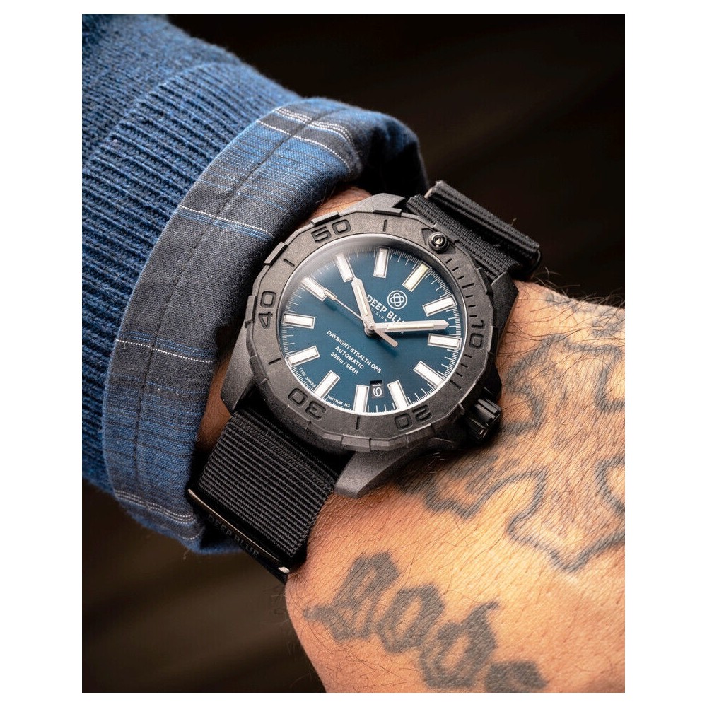 Deep Blue DayNight Stealth Ops Black Carbon Case Diver Automatic 44mm Watch NH35
