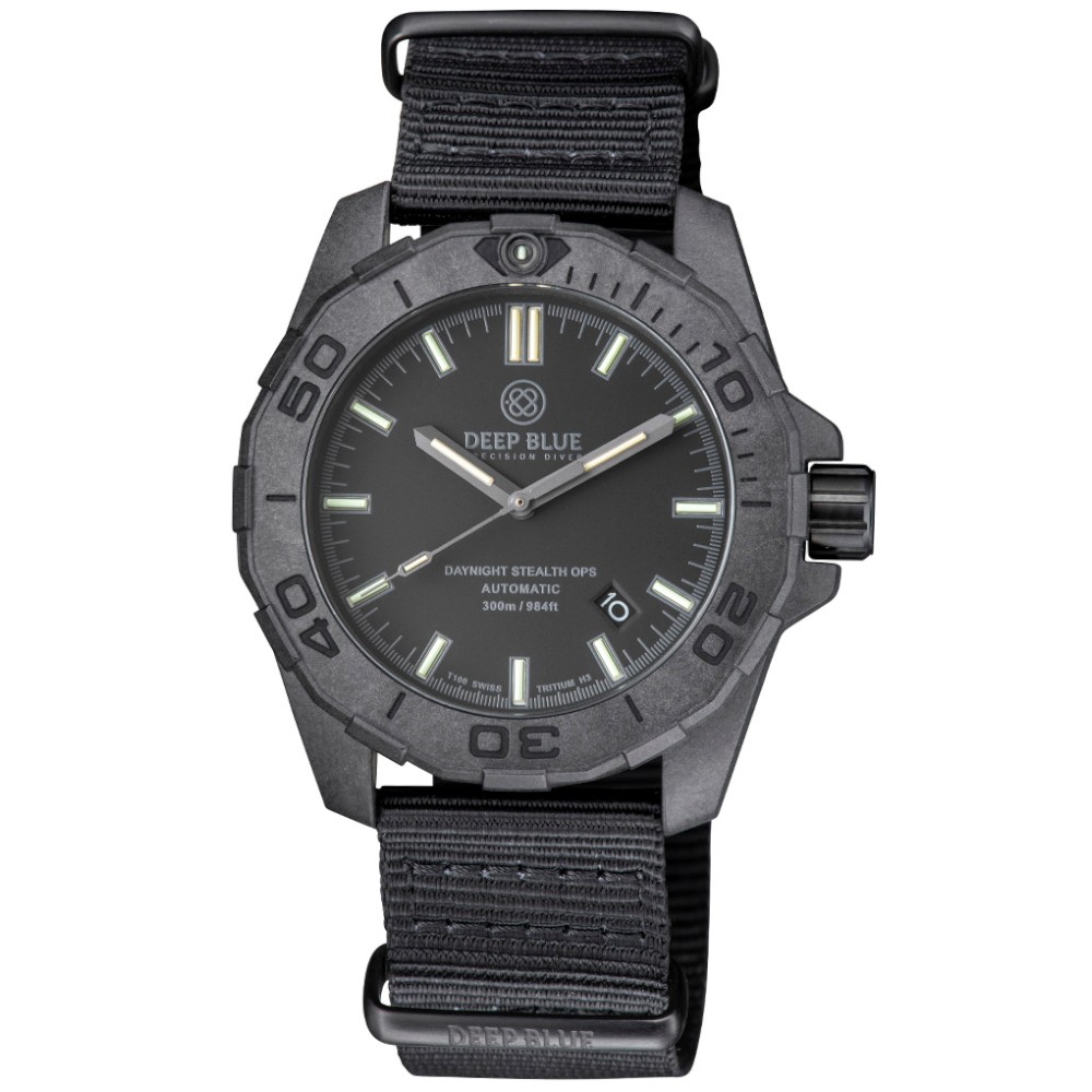 Deep Blue DayNight Stealth Ops Carbon Diver Automatic Watch Black Flat Tubes 44