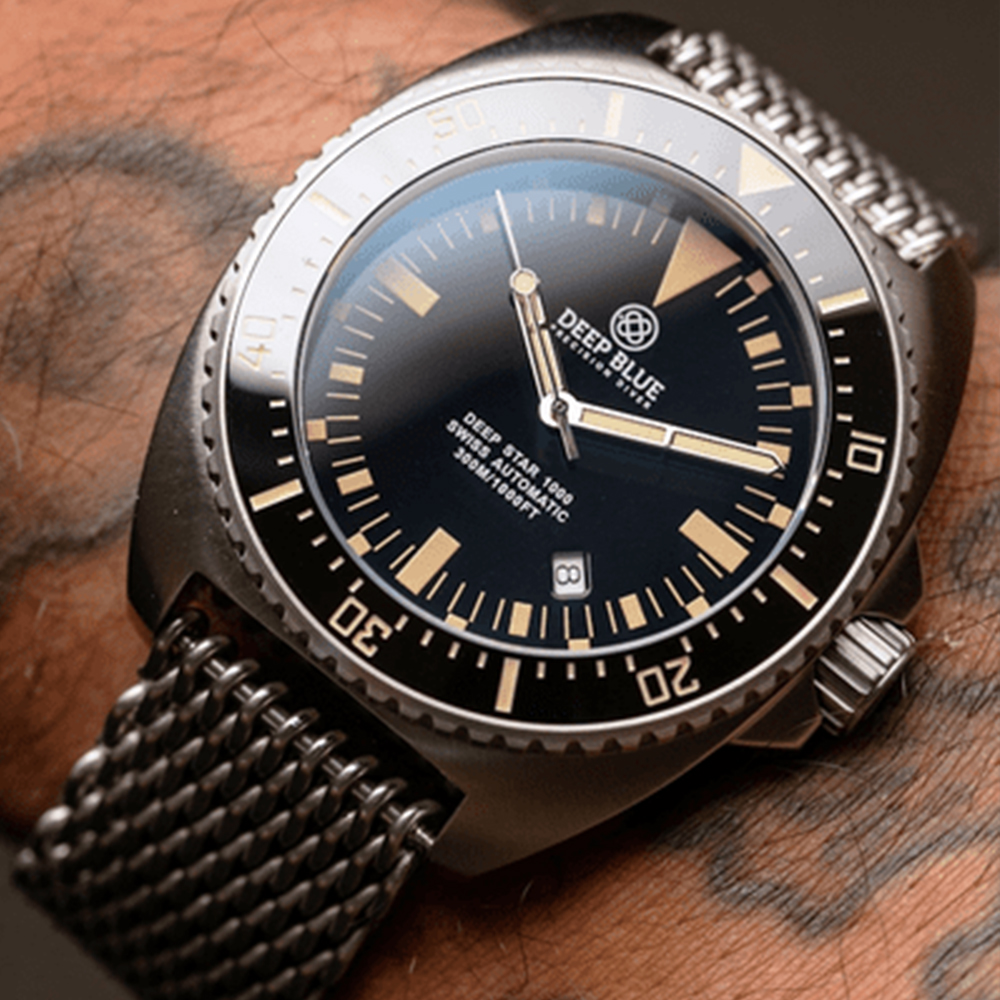 Deep Blue Deep Star 1000 Expedition 45mm Automatic Swiss Movement Men's Diver Watch Black Vintage Dial