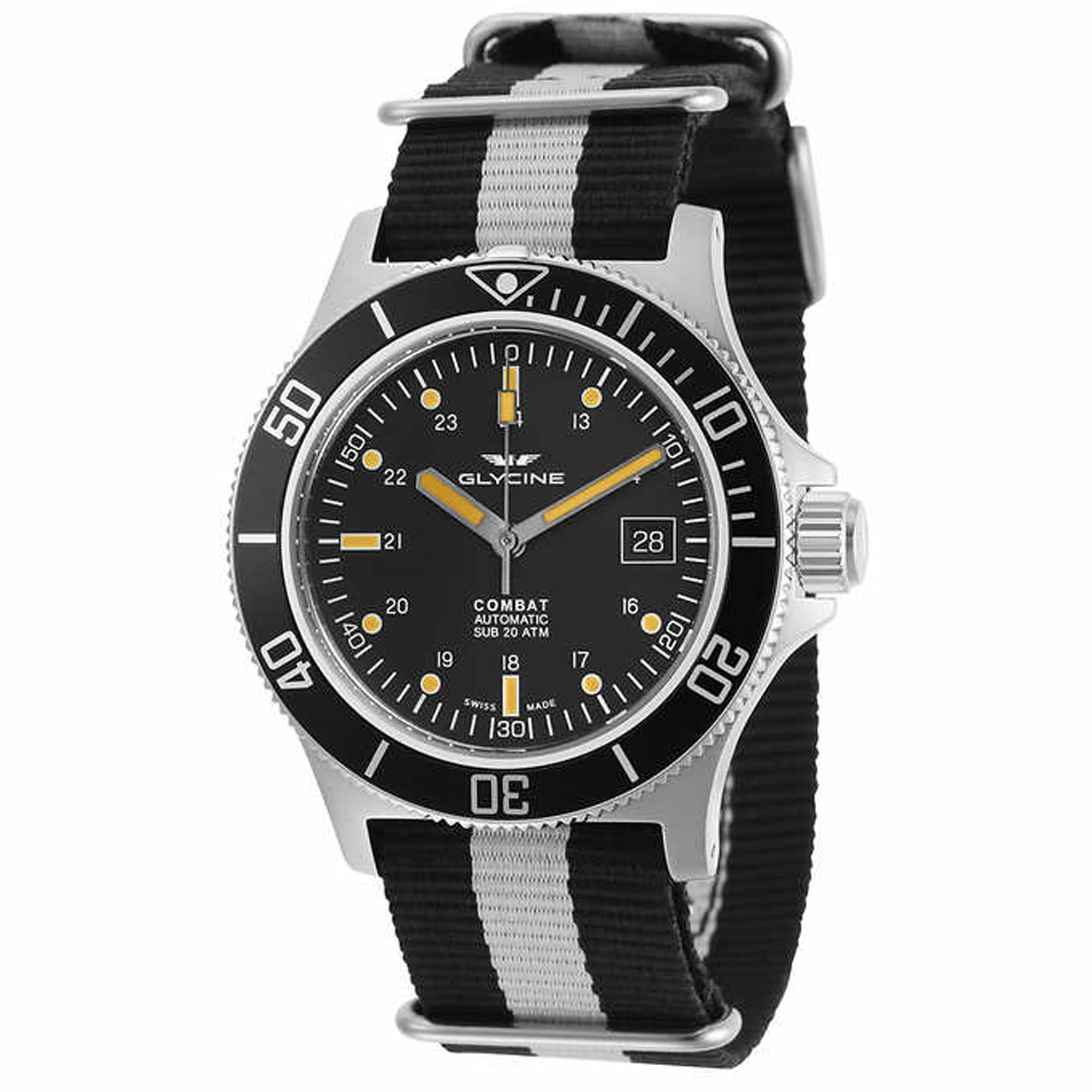 Glycine 42mm Combat SUB Swiss Automatic Mens Diver Watch GL0083 Black Dial NATO