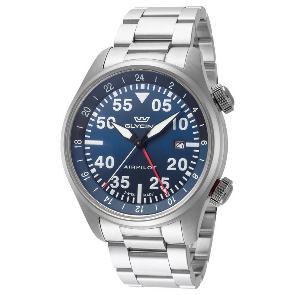Glycine Airpilot GMT GL0348 Men\'s Swiss Pilot Aviator Watch 44mm Blue Dial Date