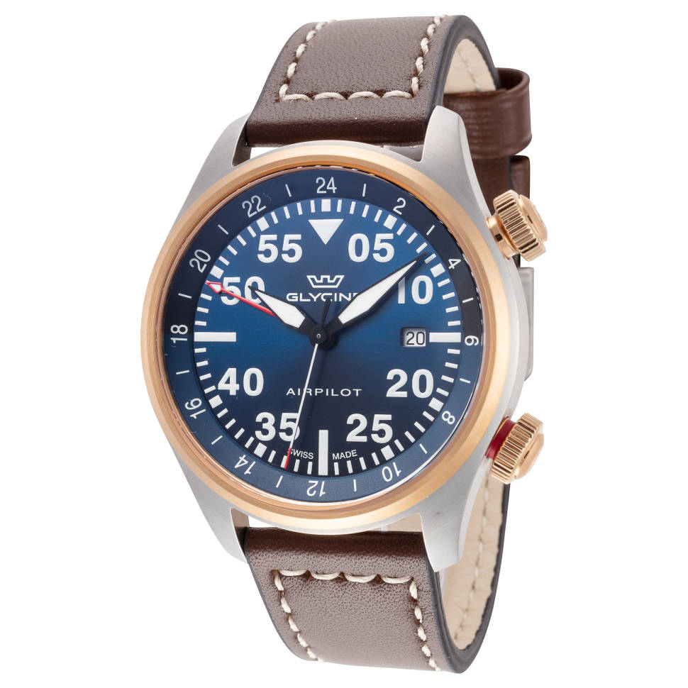 Glycine Airpilot GMT Swiss Men\'s Watch Blue Dial / Leather Strap GL0352
