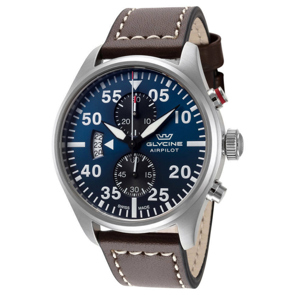 Glycine Airport GL0357 Men's Swiss Chronograph Watch 44mm Blue Dial Date
