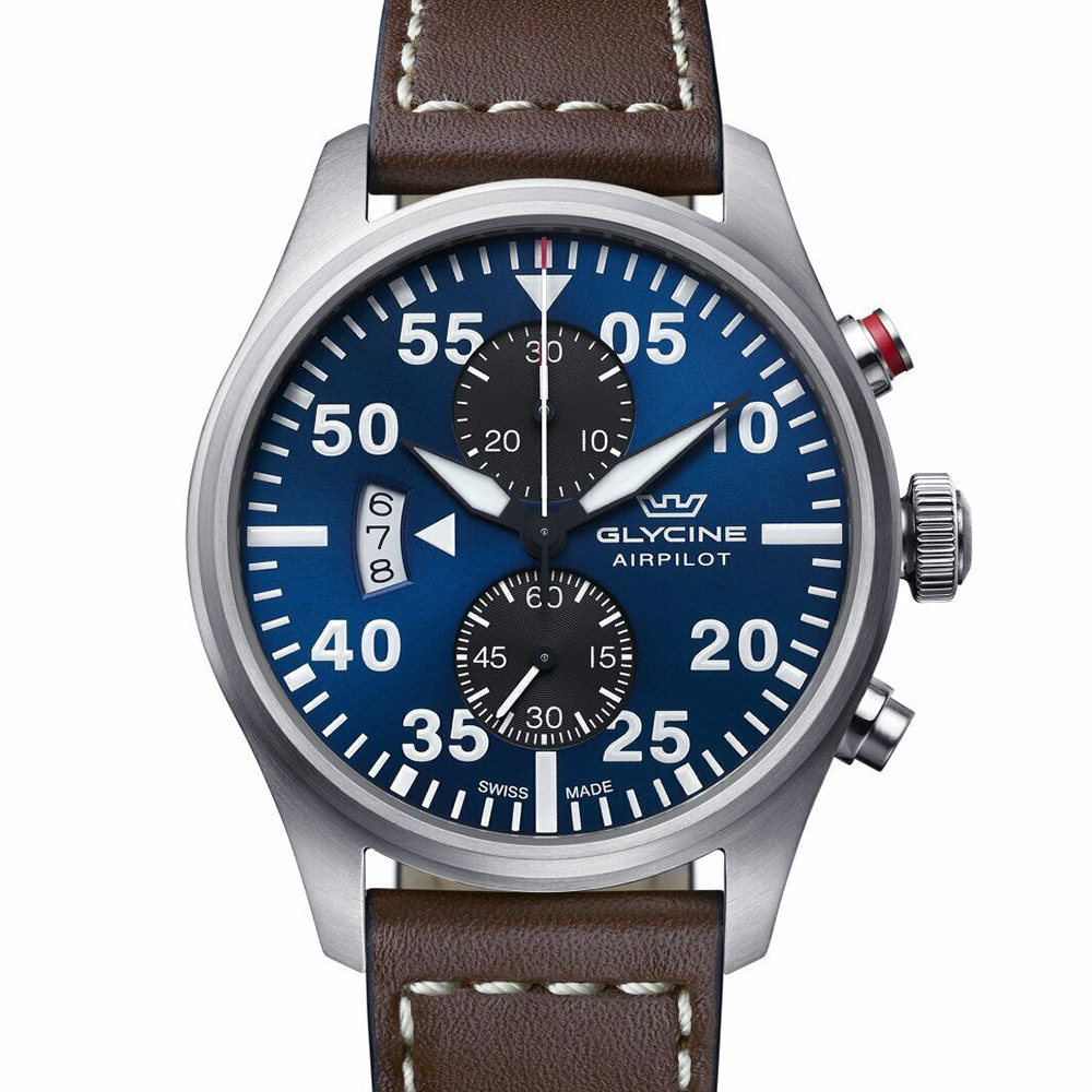 Glycine Airport GL0357 Men's Swiss Chronograph Watch 44mm Blue Dial Date