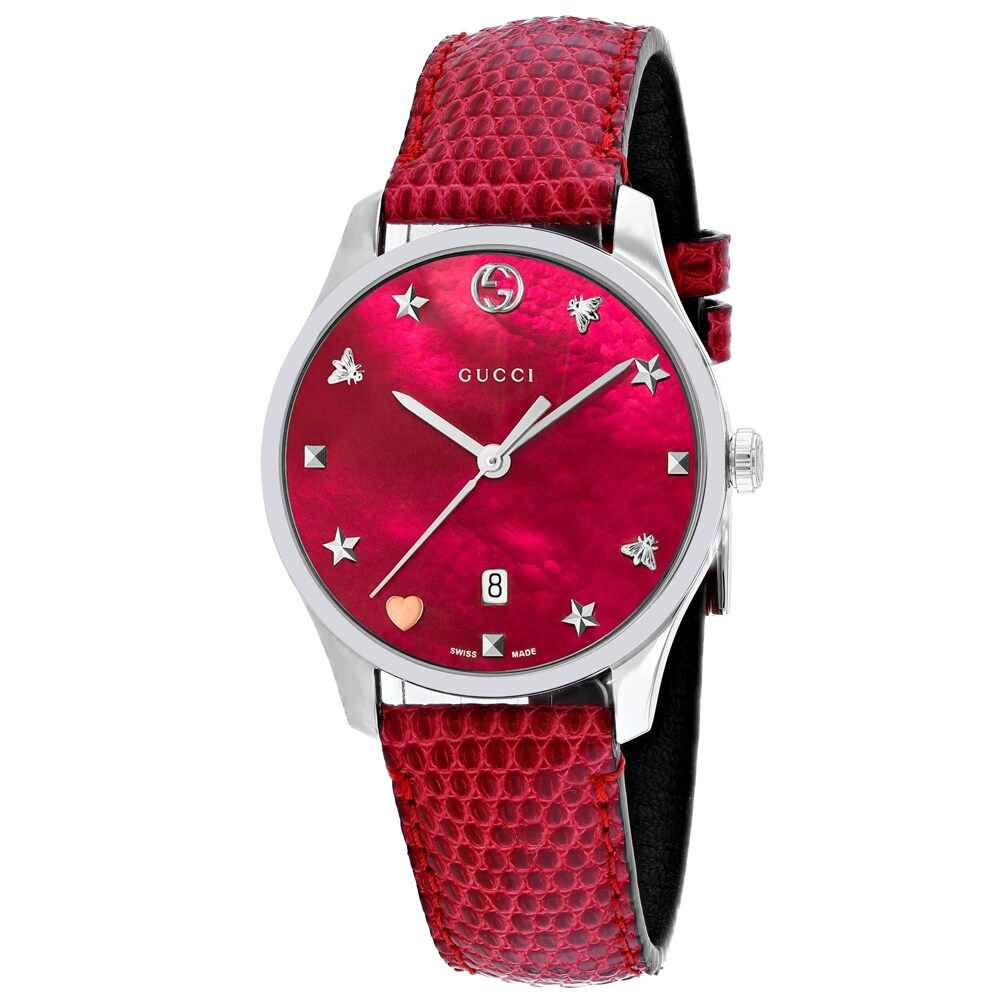Gucci G-Timeless YA1264041 Cherry Red Mother of Pearl Dial Ladies Watch Leather Strap