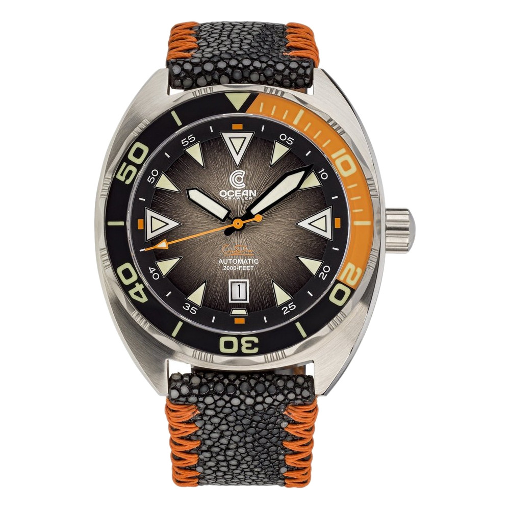 Ocean Crawler Core Automatic Diver Men\'s Watch 44mm Black-Orange Bezel/Black-Brown Dial Stingray Strap