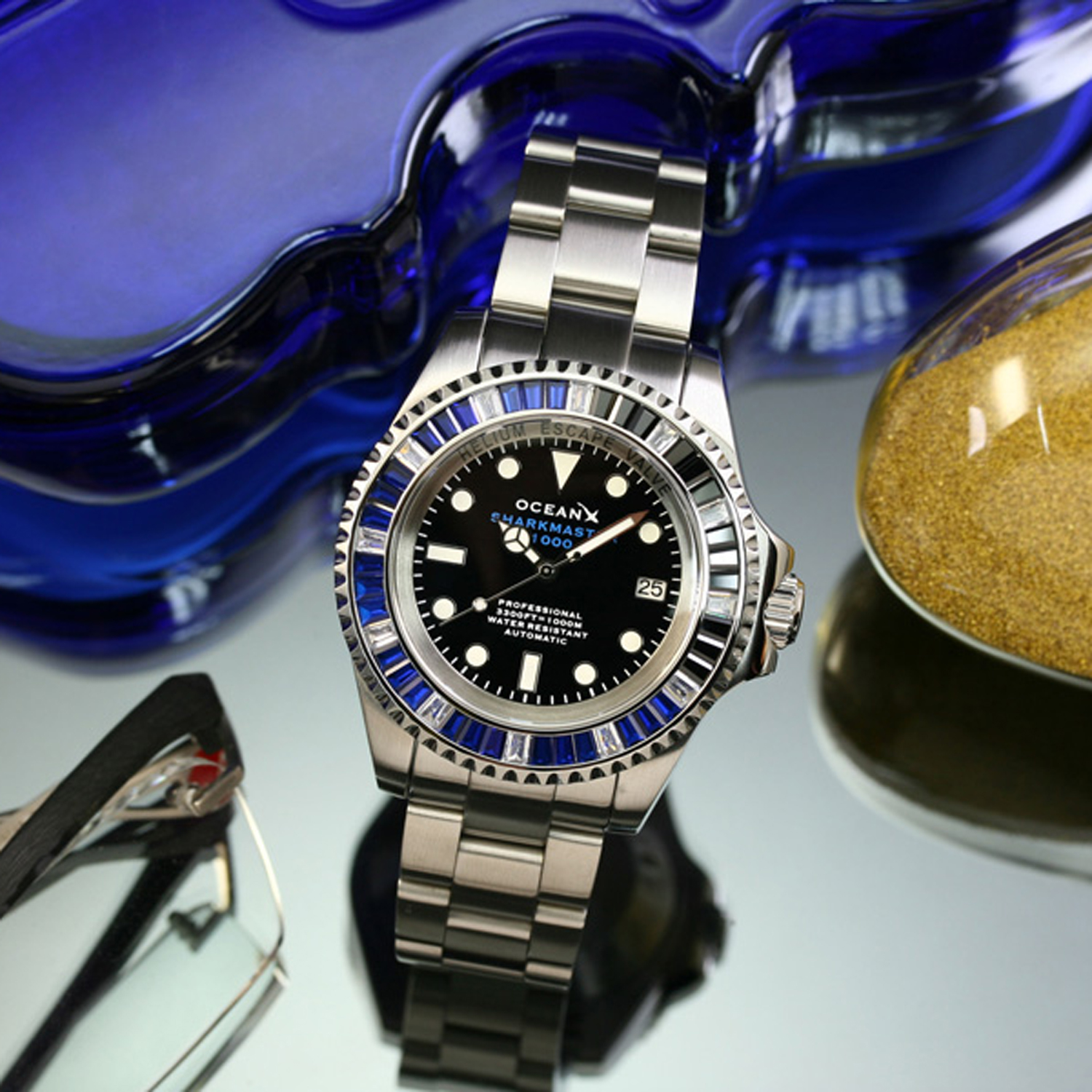 OceanX Sharkmaster 1000 Men's Diver Watch 44mm Baguette Crystal Bezel - Limited Edition SMS1044